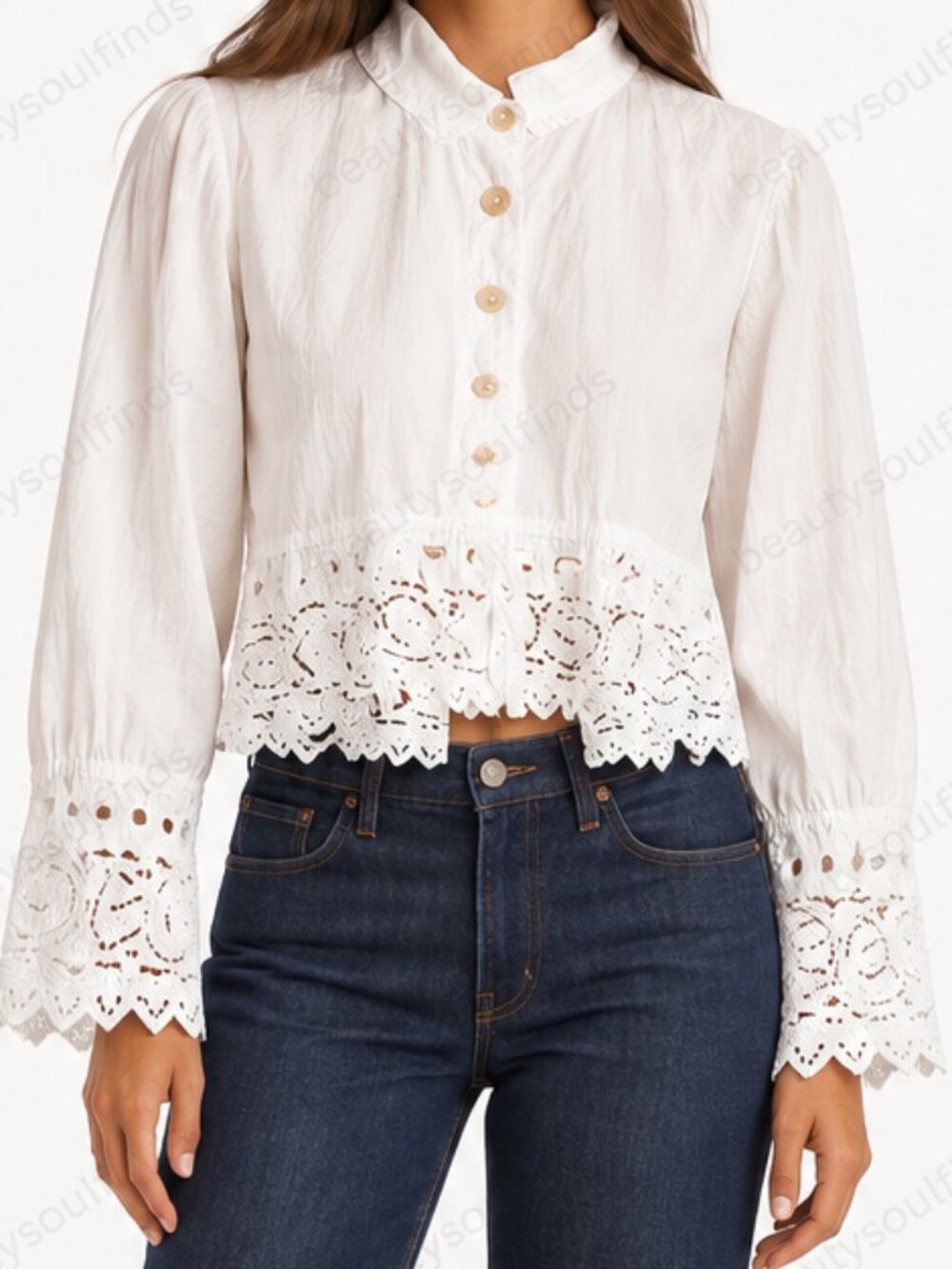 Livingston Williams Classics White Cotton Eyelet Lace Cropped Blouse Size S/M